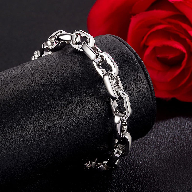 H&Beautimer Solid 925 Silver Bracelet Italian Handmade 0.35/0.4 Inch Box Chain Bracelet for Men's 7,7.5,8,8.5,9,9.5,10 Inch Hip Hop Style Jewelry Oval 8 inches - BeesActive Australia