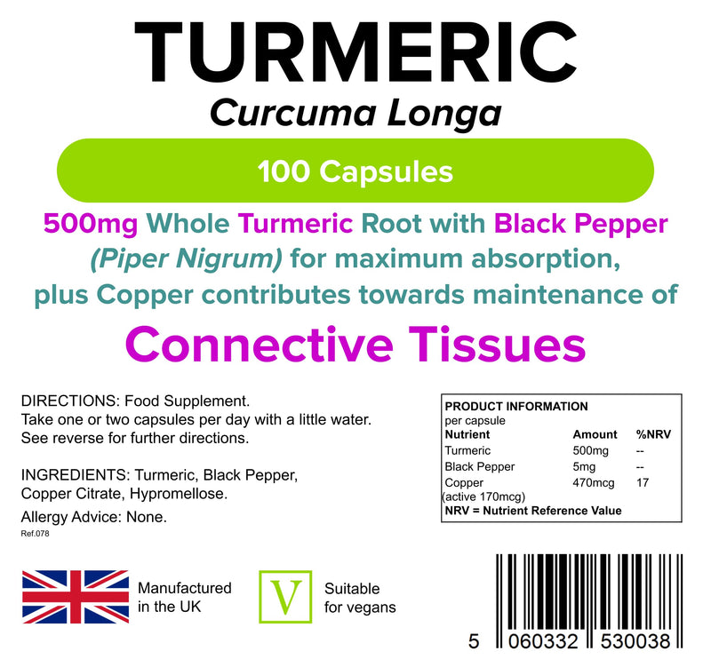 Lindens Turmeric 500mg with Black Pepper - 100 Vegan Capsules | 1-A-Day | UK Manufacturer - 1000mg per Serving | Natural Curcumin | Easy to Swallow & Digest Capsule | Letterbox Friendly (3+ Months Supply) - BeesActive Australia