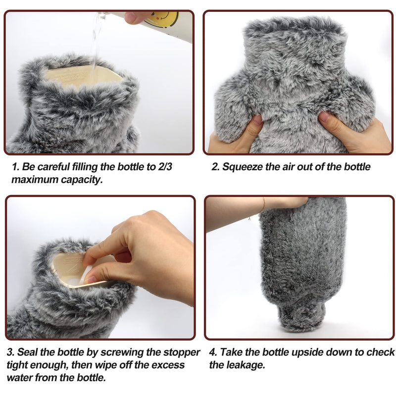 OWOZOI Fluffy Hot Water Bottle, Soft Furry Cover with Hand Pocket, 2L Large Capacity, Hot Water Bag for Pain Relief, Period Cramps, Back, Shoulder, Neck, Arthritis, Bed Warmer(Silver Grey) Silver Gray - BeesActive Australia