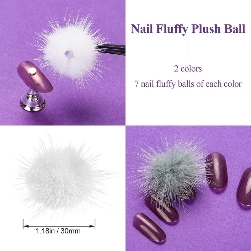 OIIKI 14 PCS Nail Pom Fluffy Ball, 3D Soft Detachable Magnetic Acrylic Tips Decorations Accessories for Girls Women Nails Art DIY Decorate (Color: White + Gray) 2 Color(14pcs) - BeesActive Australia