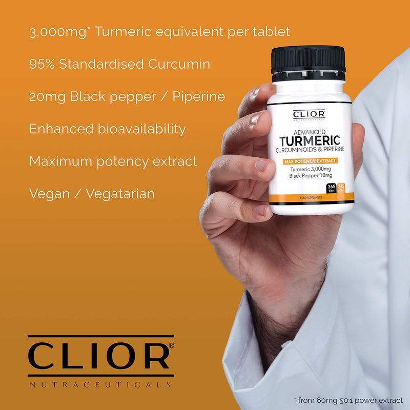 Turmeric Curcumin 3,000mg with Black Pepper x 365 Vegan Tablets High Strength | 1 Year Supply | 95% Curcumins + 20mg Piperine | Tiny Easy-to-Swallow Supplements by Clior (Cambridge Labs) - BeesActive Australia