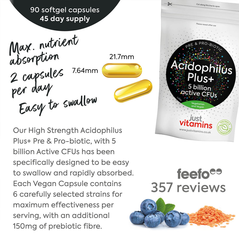 Acidophilus Plus+ Pre & Probiotic Bio Cultures Complex 90 Vegan Capsules, 5 Billion Non Dairy CFU, Multi Strain High Strength Lactobacillus Acidophilus Probiotic Supplement for Men & Women, UK Made - BeesActive Australia