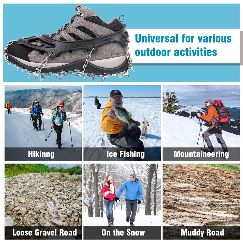 Greatever Crampons for Hiking Boots, Ice Cleats Traction Snow Grips for Boots Shoes, Microspikes Anti Slip 19 Stainless Steel Spikes Safe Protect for Hiking Fishing Walking Climbing Mountaineering Black Medium - BeesActive Australia