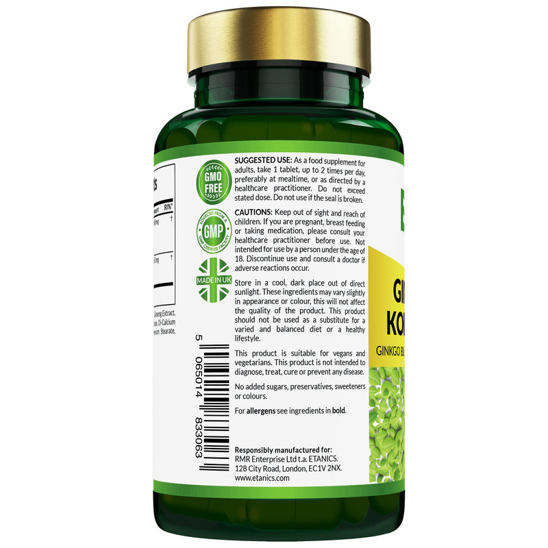 Etanics Ginkgo Biloba 3000mg & Ginseng 650mg Tablets | Memory, Cognitive Functions & Sexual Health for Vegetarians and Vegans - Made in The UK - BeesActive Australia