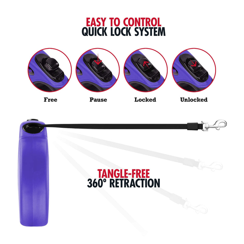 Tuff Pupper Heavy Duty Retractable Dog Leash | 16 ft Dog Leash with Reflective Stitching for Nighttime Safety | One Button Lock and Release | Comfortable Hand Grip | for Dogs Up to 120 lbs X-Large (Pack of 1) Ultra Violet - BeesActive Australia