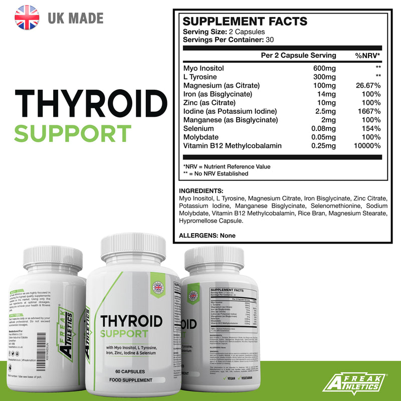 Thyroid Support Supplement - 60 Capsules - Includes Myo inositol, L-Tyrosine, Iron, Magnesium, Zinc, Manganese, Selenium, Vitamin B12 - Contributes to The Reduction of Tiredness & Fatigue - BeesActive Australia