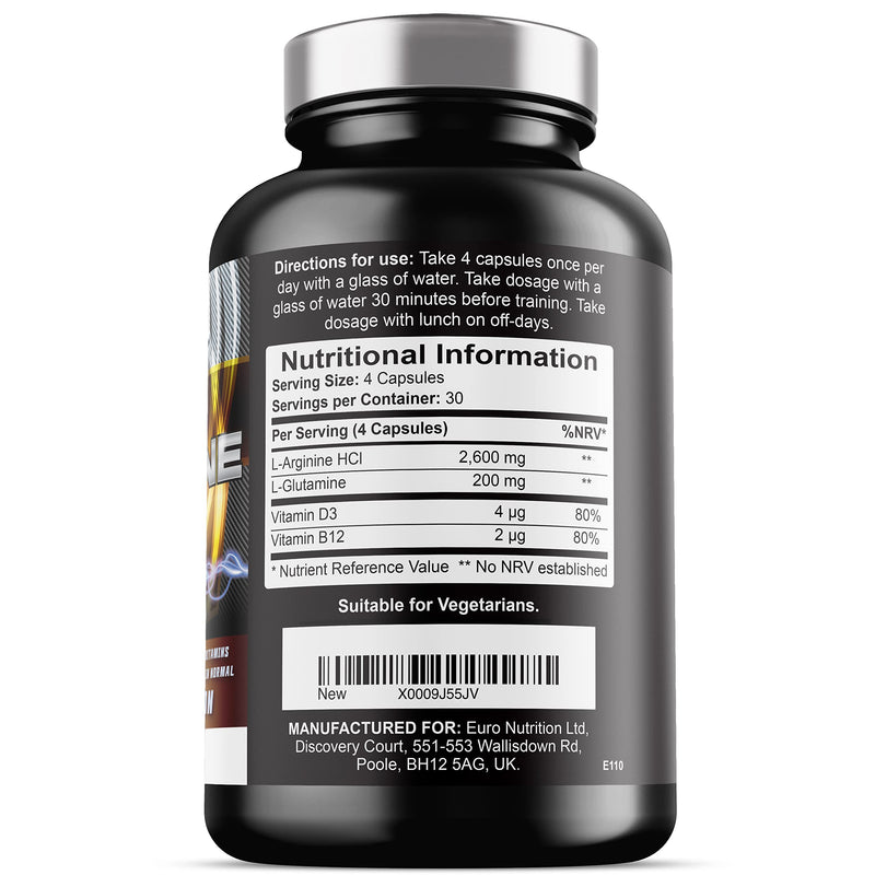 L Arginine Capsules - 2600mg L-Arginine with Added Glutamine - B12 and D3 for Normal Muscle Function (120 Vegetarian Capsules) 120 Count (Pack of 1) - BeesActive Australia