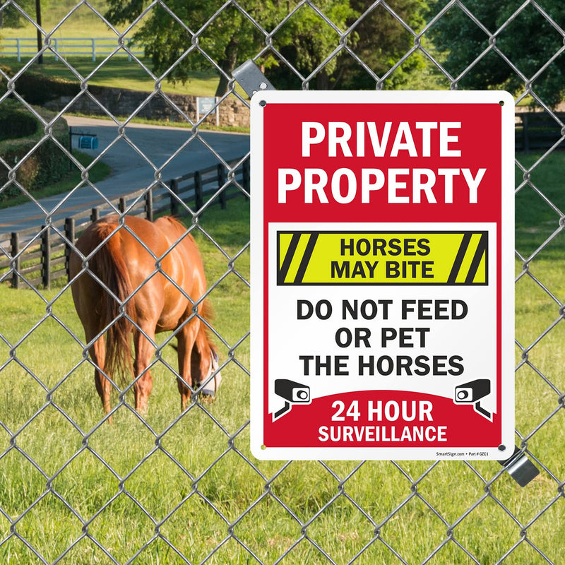 SmartSign 14 x 10 inch “Private Property - Horses May Bite, Do Not Feed Or Pet The Horses, 24 Hour Surveillance” Metal Sign, 40 mil Laminated Rustproof Aluminum, Multicolor - BeesActive Australia
