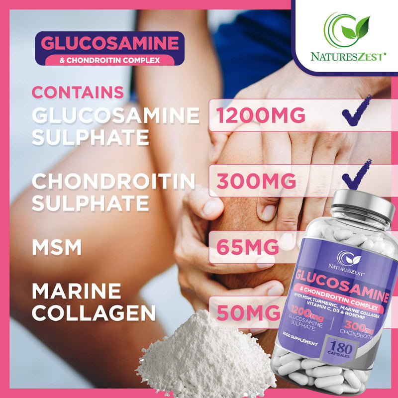 Glucosamine and Chondroitin High Strength Capsules - Glucosamine Complex with MSM � 180 Glucosamine Capsules - with Vitamin C, Rosehip, Turmeric Curcumin & Marine Collagen � UK Made by Natures Zest - BeesActive Australia