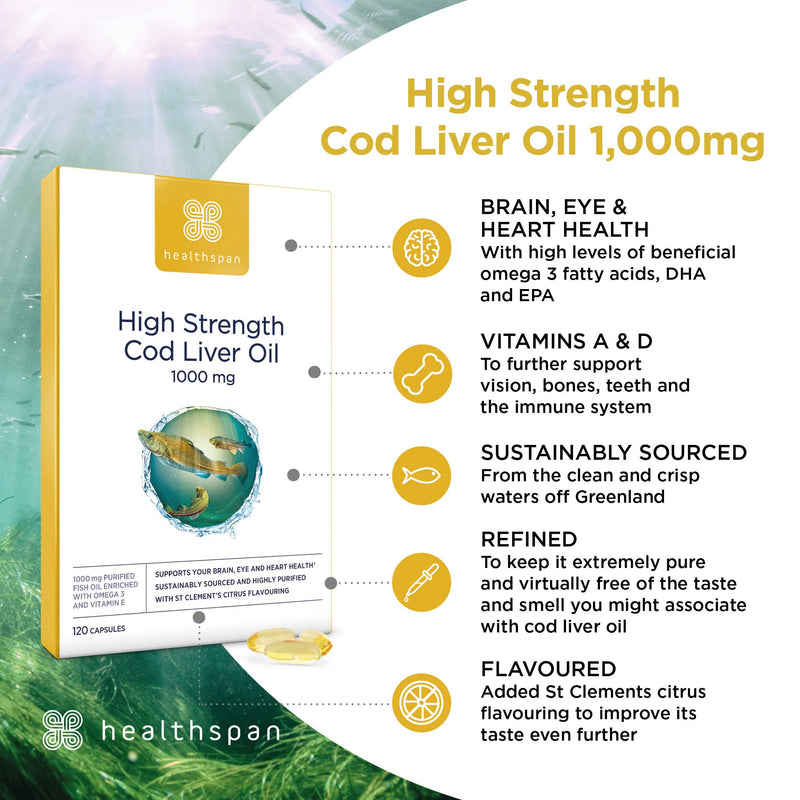 Healthspan Cod Liver Oil 1,000mg (240 Capsules) | Rich in Omega 3 Fatty Acids DHA & EPA | Brain, Eyes & Heart Health | Vitamin A & D3 | Vision, Bones, Teeth & Immune | Sustainably Sourced 240 Count (Pack of 1) - BeesActive Australia