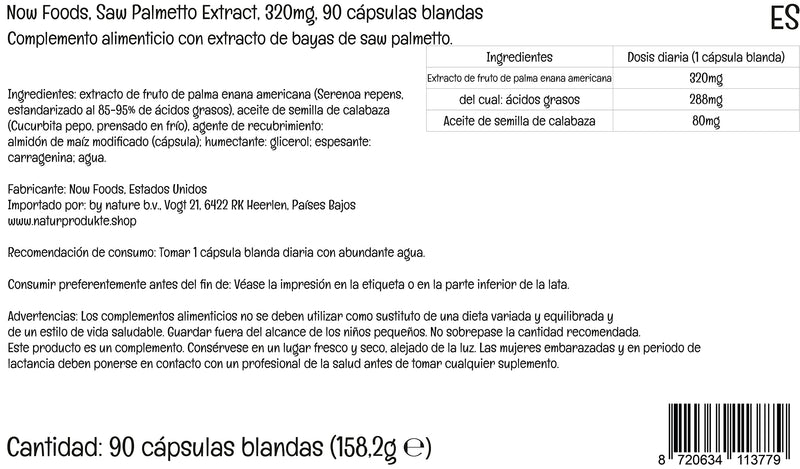 Now Foods, Saw Palmetto Extract, 320mg, with Pumpkin Seed Oil, 90 Vegan Capsules, Lab-Tested, Soy Free, Gluten Free, Non-GMO - BeesActive Australia