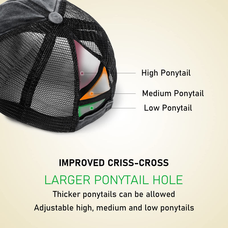 Criss Cross Ponytail Baseball Cap for Women Trucker Hats Mesh Adjustable High Messy Bun Ponycap Washed Distressed Dad Hat Black One Size - BeesActive Australia