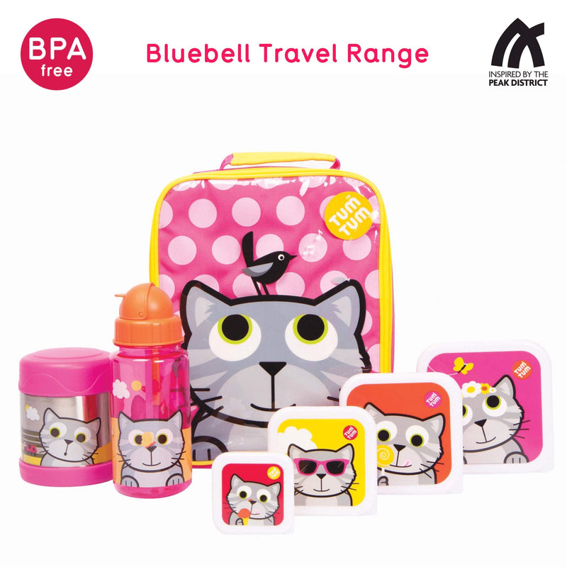 TUM TUM Flip Top Kids Water Bottle with Straw, Tritan Kids Drinks Bottle, 400ml, BPA Free (Cat) Bluebell - BeesActive Australia