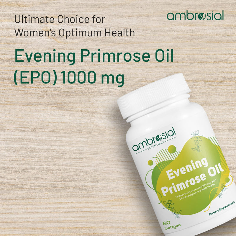 Ambrosial Evening Primrose Oil 1000mg (EPO) | Cold Pressed Evening Primrose Oil Capsules | Rich Source of Omega 6 Fatty Acids & GLA | High Strength Evening Primrose Capsules (Pack of 1-60 Softgels) 60 count (Pack of 1) - BeesActive Australia