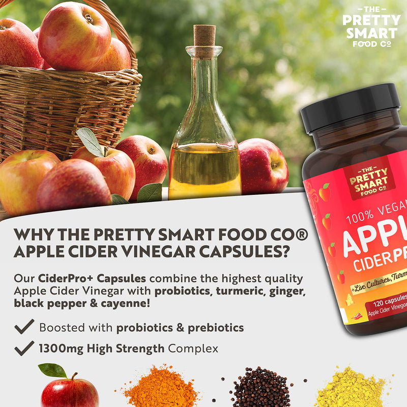 Apple Cider Vinegar Capsules - Boosted with Vegan Live Cultures, Turmeric & Ginger - Raw & Unfiltered ACV Complex - 1300MG Dosage - 120 Capsules - Made the UK - BeesActive Australia