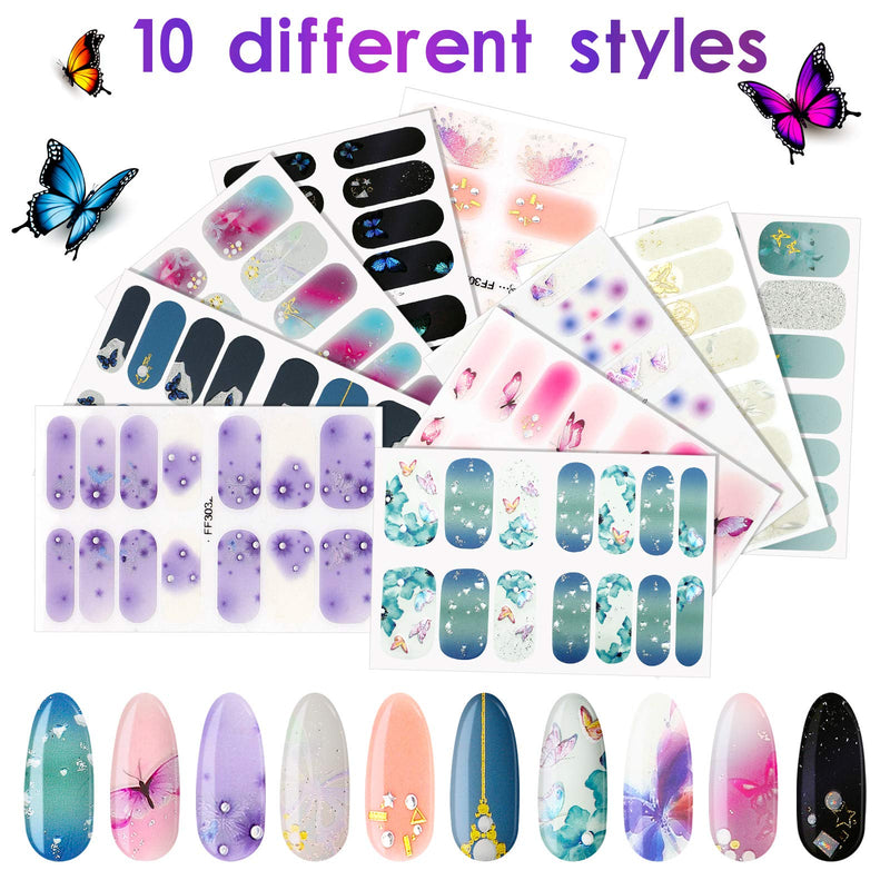 Lounsweer 140 Pieces 10 Sheets 3D Butterfly Nail Wraps Full Nail Stickers Flower Nail Polish Stickers Gradient Glitter Nail Wraps Self Adhesive Nail Art Decals Strips with 2 Nail Files for Women Girl - BeesActive Australia