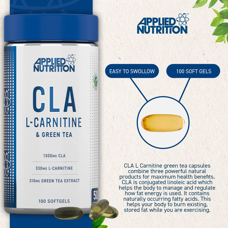 Applied Nutrition CLA L Carnitine & Green Tea - Natural Energy From CLA Conjugated Linoleic Acid, Fat Burning Blend Supplement, Support Weight Management, 100 Veggie Softgels - 50 Servings - BeesActive Australia