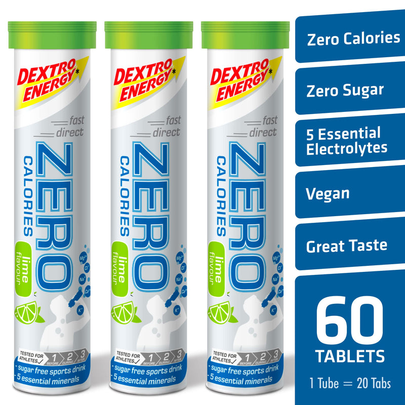Dextro Energy Zero Calories I Recovery and Hydration Electrolyte Drink I Zero Effervescent Tablets I Lime | 3 Tubes, 60 Tablets | - BeesActive Australia