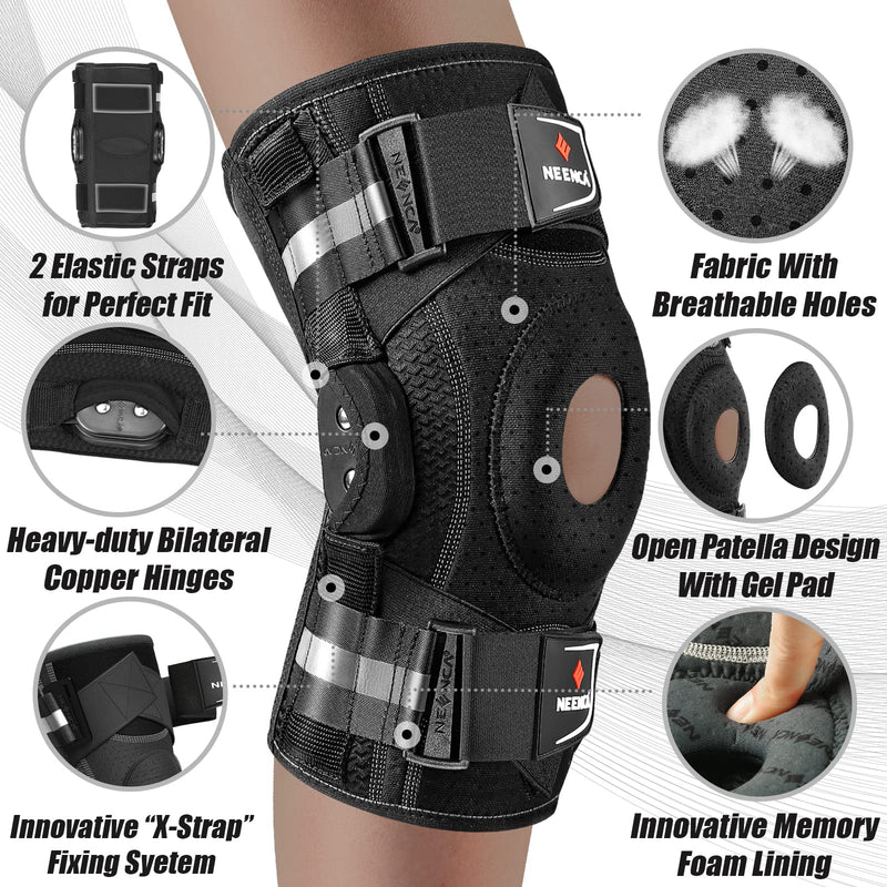 NEENCA Professional Knee Brace for Knee Pain, Adjustable Hinged Knee Support with Patented X-Strap Fixing System, Strong Stability for Jonit Pain Relief, Arthritis,Meniscus Tear,ACL,PCL,Runner, Sports Large Black - Single - BeesActive Australia