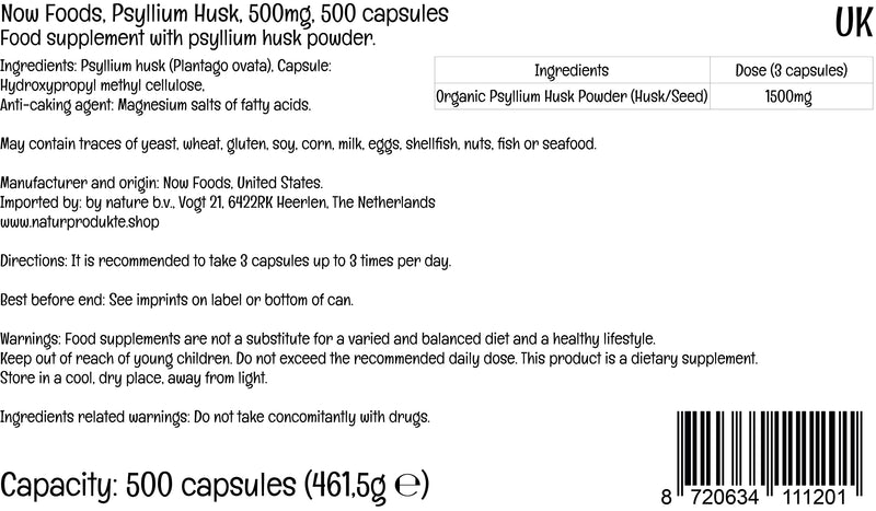 Now Foods, Psyllium Husk Caps, 500mg, 500 Vegan Capsules, Lab-Tested, Gluten Free, SOYA Free, Vegetarian - BeesActive Australia