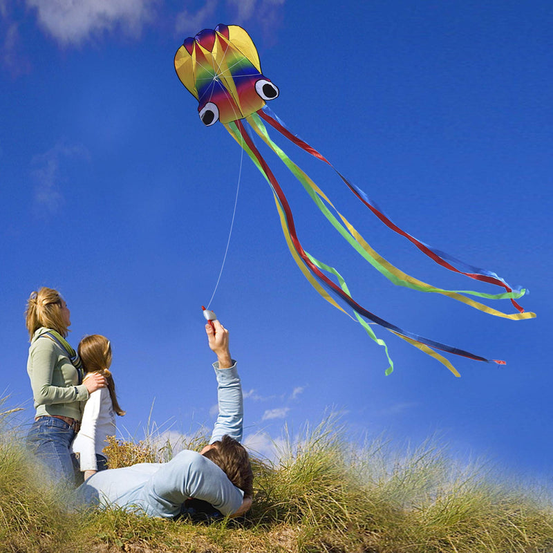 14ft R2F Rainbow Soft Octopus Kite for Kids and Audlts---Large Kite with 11.5ft Long Tail and 200ft Flying line---Easy to Fly Toy for Outdoor Games Beach and Activities - BeesActive Australia