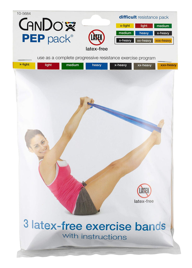 CanDo 10-5684 Latex-Free Exercise Band Pep Pack, Difficult, Black/Silver/Gold Challenging - BeesActive Australia