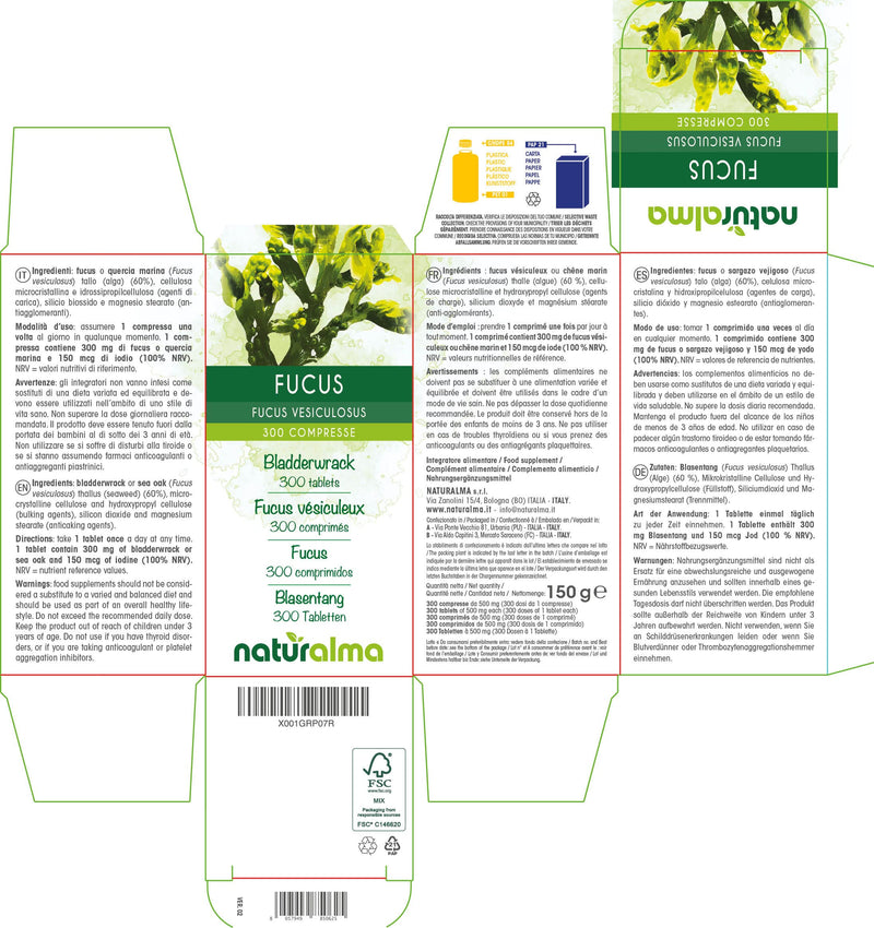 Bladderwrack or Sea Oak (Fucus vesiculosus) Thallus (Seaweed) NATURALMA | 150 g | 300 Tablets of 500 mg | Food Supplement | Natural and Vegan - BeesActive Australia