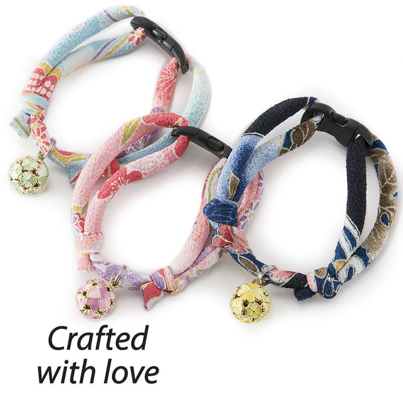 Necoichi Chirimen Cat Collar with Clover Bell, Handcrafted in Japan, 1 Size fits All Pastel Pink - BeesActive Australia