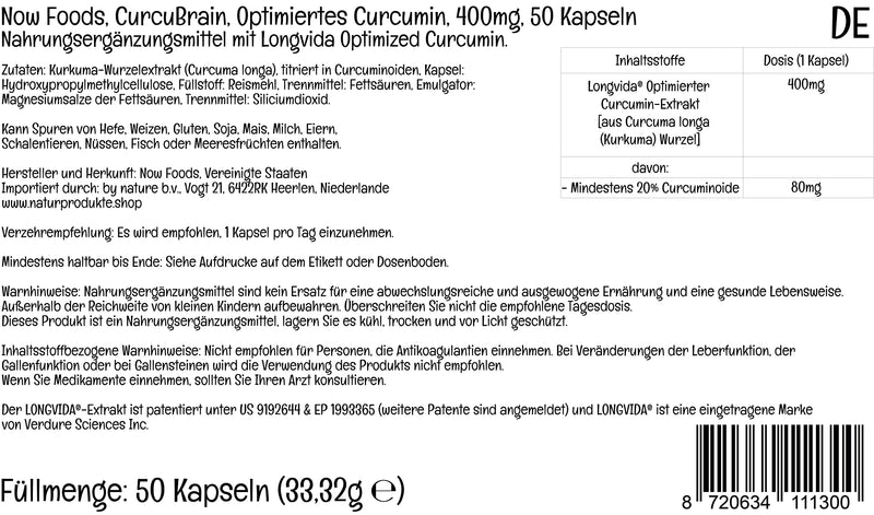 Now Foods, CurcuBrain, Optimised Curcumin, 400mg, 50 Vegan Capsules, Lab-Tested, Gluten Free, SOYA Free, Vegetarian - BeesActive Australia