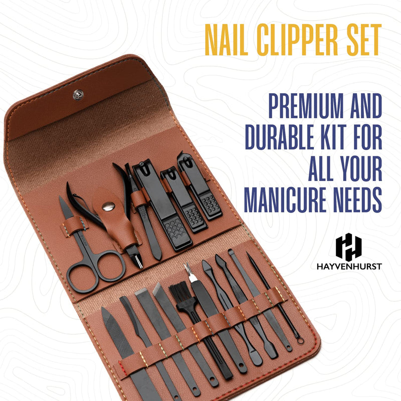 Nail Kit - Nail Clipper Set - Manicure Set -16 Stainless Steel Pieces Manicure Kit For Men’s - Pedicure Kit For Men - Mens Grooming Kit With Brown Leather portable Case by Hayvenhurst - BeesActive Australia