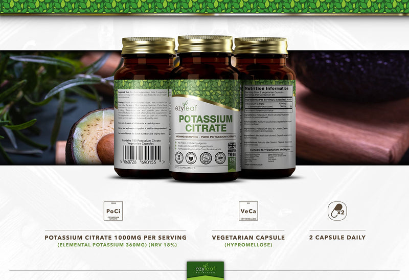 Ezyleaf Potassium Citrate | 180 High Strength Potassium Capsules - 1000mg Potassium Citrate per Serving | Potassium Supplements | Clean, No Fillers Formula | Vegan, Non-GMO Gluten & Allergen Free | UK - BeesActive Australia