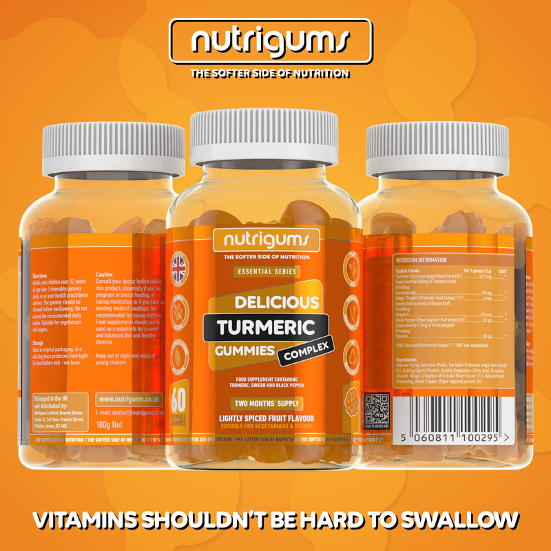 Turmeric Complex 60 Vegan Gummies | Black Pepper & Ginger Light Spiced Fruit Flavour | Active Curcuminoids & Gingerols for Digestion & Anti-Inflammation | Suitable for Vegans by NUTRIGUMS� - BeesActive Australia
