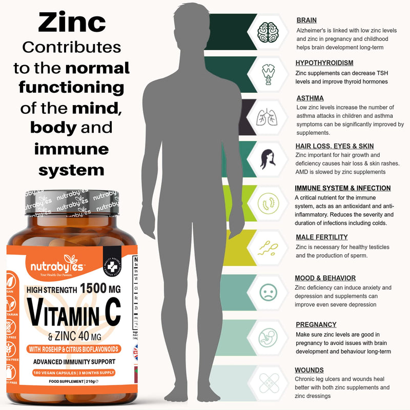 High Strength Vitamin C and Zinc Capsules | Vitamin C 1500mg and Zinc 40mg | Enhanced with Rosehip and Citrus Bioflavonoids | for Maintenance of Normal Immune System | 180 Vegan Capsules | Made in UK 180 Count (Pack of 1) - BeesActive Australia
