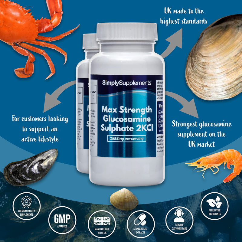 Maximum Strength Glucosamine Sulphate 2KCl | 1858mg Per Serving | 2 x 180 Tablet Bottles = 360 Tablets Total | Manufactured in The UK - BeesActive Australia