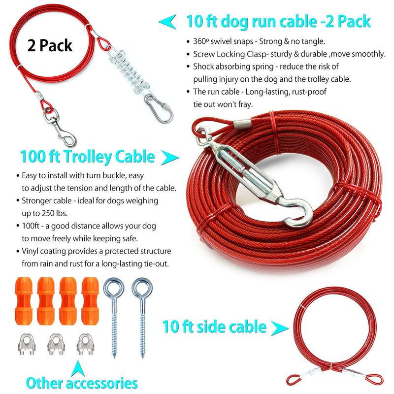 100ft Heavy Dog Tie Out Trolley System for Two Dogs - 10 ft Strong Dog Runner Cable for Yard Camping - Durable Dog Zipline Tie Out for Large Medium Small Dogs Up to 250 lbs 100 ft for two dogs up to 250 lbs Red - BeesActive Australia
