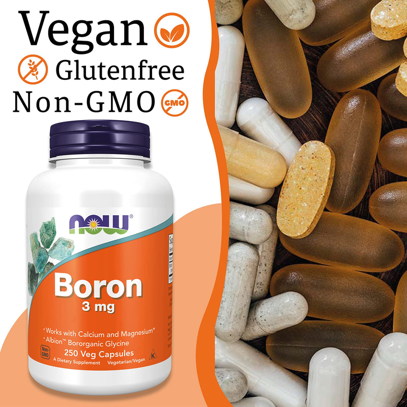 Now Foods, Boron, 3mg, 250 Vegan Capsules, Lab-Tested, Gluten Free, Soy Free, Non-GMO, Vegetarian - BeesActive Australia