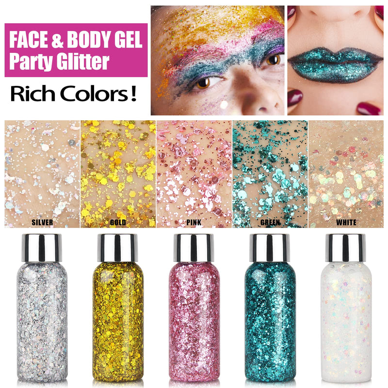 2PC Sliver Face Glitter Festival with Glue Hair Chunky Glitter Gel for Cosmetic Face Hair Body Nails Makeup Long Lasting Sparkling 60g 01 Sliver - BeesActive Australia