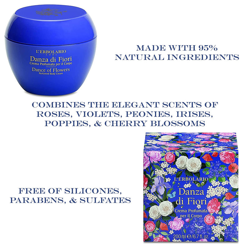 L'Erbolario - Dance of Flowers - Body Cream - Floral, Powdery Scent - Made with Roses, Violets, Peonies, Camellias, Irises, Poppies & Cherry Blossoms - Cruelty Free, 6.7 oz - BeesActive Australia