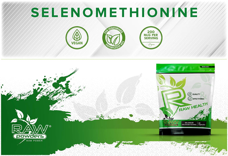 Selenium 200 mcg 60 Capsules High Strength � Selenium Vegan Supplement � Selenium Supplements � Acts as Powerful Antioxidant - Thyroid Function, Immune System, Hair, and Nails Support by Raw Powders - BeesActive Australia