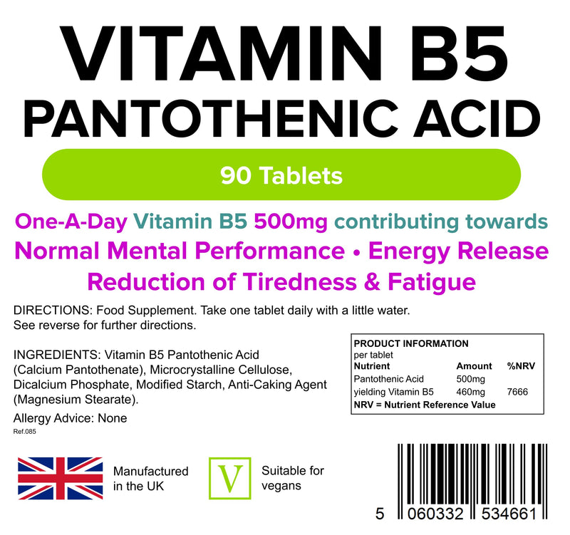 Lindens Vitamin B5 500mg Tablets - 90 Pack - 8000% Nrv Dose Contributes Towards Mental Performance, Normal Metabolism & Reduction of Tiredness - UK Manufacturer, Letterbox Friendly 90 Count (Pack of 1) - BeesActive Australia
