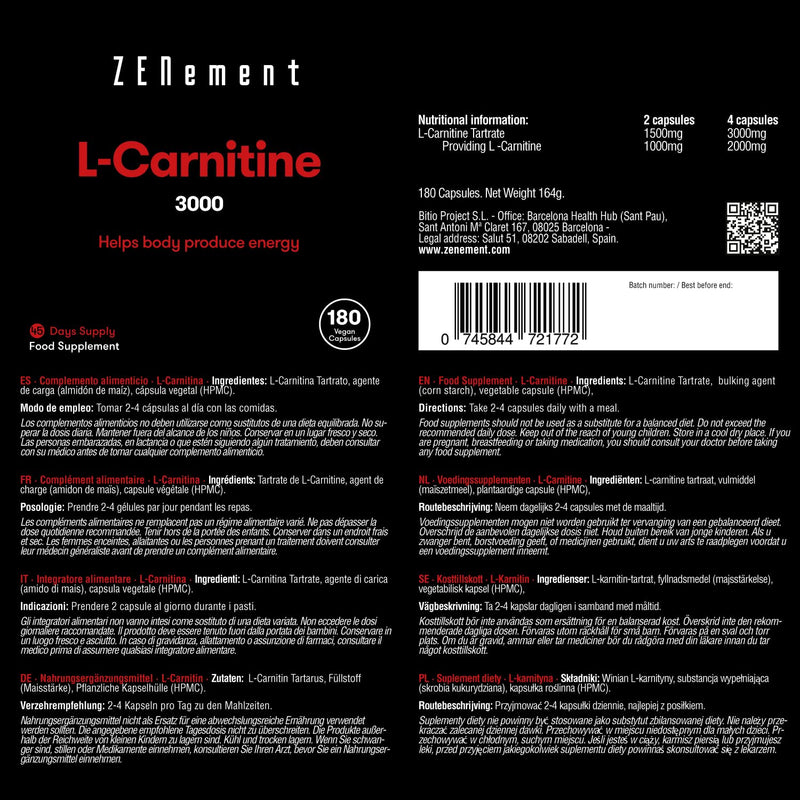 L-Carnitine, 3000mg per dose, 180 Capsules | Helps The Body Produce Energy | Improve Sports Performance and The Efficient Metabolization of Fat | Vegan, Gluten Free | Zenement - BeesActive Australia
