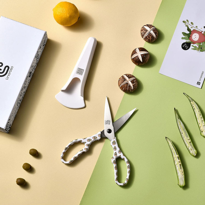 Linoroso Kitchen Scissors Heavy Duty Kitchen Shears with Magnetic Holder Made with Japanese Steel 4034, Multipurpose Ultra Sharp Cooking Scissors for Meat/Vegetables/BBQ/Herbs/Pizza (Graphic,Chick) White/Chick - BeesActive Australia