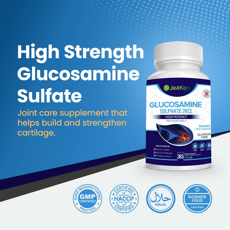 JeaKen - Glucosamine Sulphate 2KCL, 1500 mg Joint Health, Bone Cartilage and Knee Support, Potent Glucosamine Sulphate with Cod Liver Oil and Collagen Supplements for Women and Men, No Gluten and Soy - BeesActive Australia