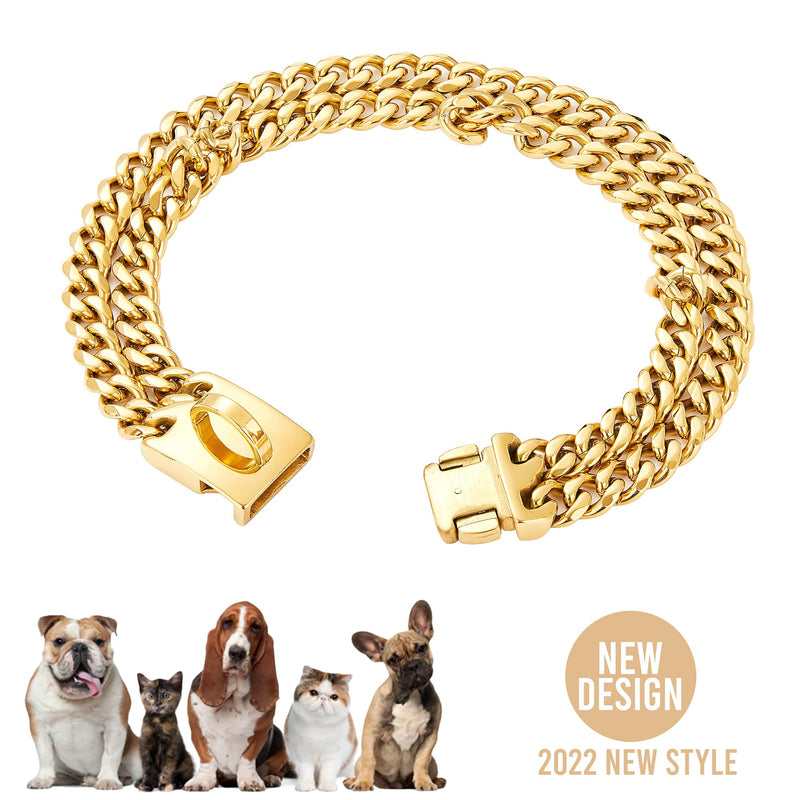 W/W Lifetime Gold Dog Chain Collar Walking Metal Chain Collar with Design Secure Buckle,18K Cuban Link 24MM Strong Heavy Duty Chew Proof for Medium Large Dogs American Pitbull German Shepherd 24"(Suits Dog Neck 22" to 23.5") - BeesActive Australia