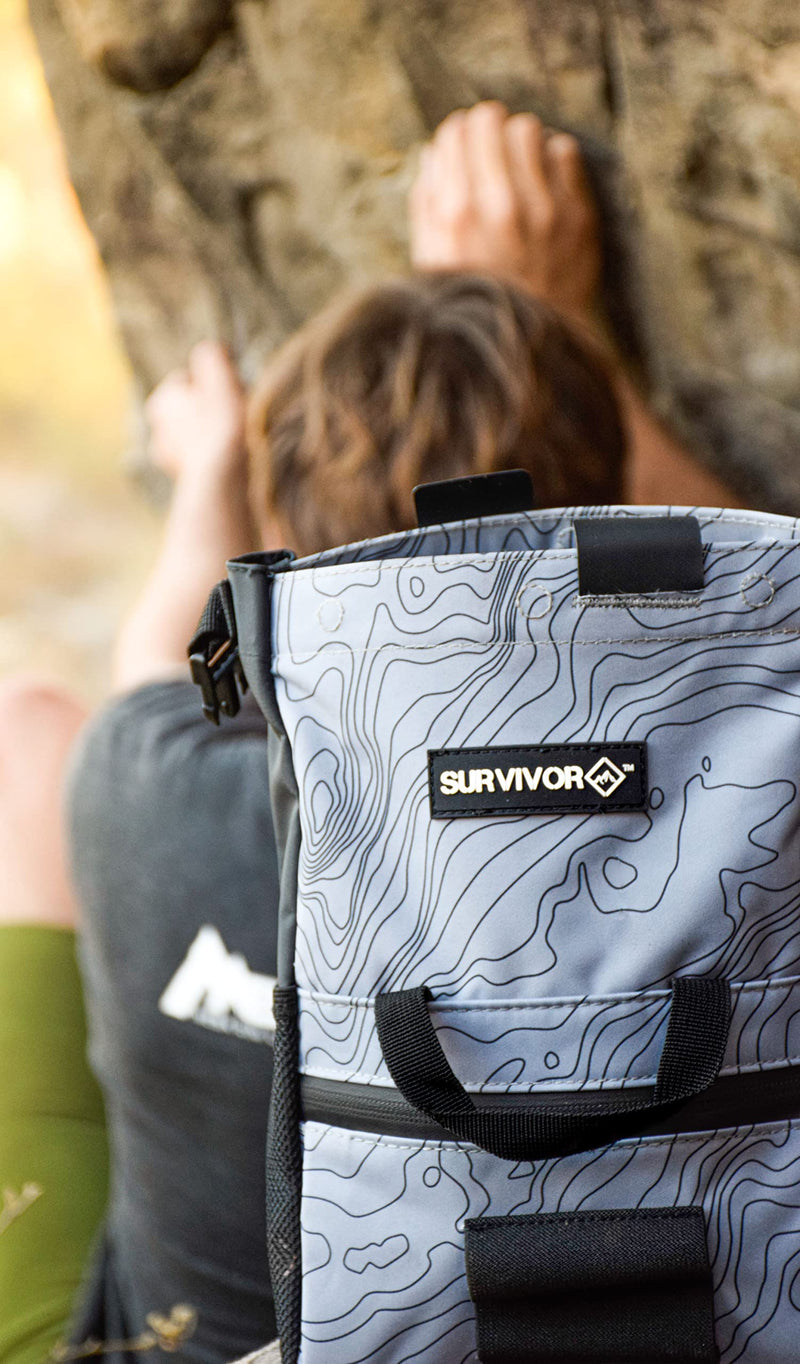 SURVIVOR Chalk Bucket - Large Size Chalk Bag for Rock Climbing & Bouldering - Light Gray Chalk Pot with Magnetic Closure, 2 Zippered Pockets, 2 Side Pockets & 4 Brush Holders - Boulder Equipment Gear - BeesActive Australia