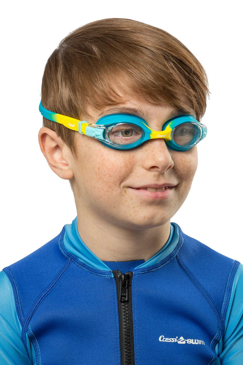 Cressi Colorful Kids Swim Goggles for Boys and Girls 4-8 Years Old - Dolphin 2.0, Starfish, and Seahorse: Designed in Italy Azure/Yellow Clear Lens - BeesActive Australia