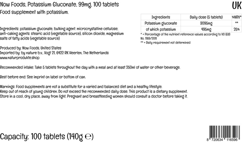 Now Foods, Potassium Gluconate, 99mg, 100 Vegan Tablets, Lab-Tested, Gluten Free, Soy Free, Vegetarian, Non-GMO - BeesActive Australia