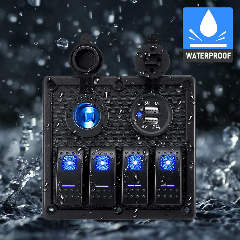 [AUSTRALIA] - Kohree 4 Gang Marine Boat Rocker Switch Panel, 12V Waterproof LED Lighted Toggle Switches Fuse Breaker Protected Control with 12 Volt Marine USB Power Outlet for Car Boat RV Scooter Truck Vehicles 