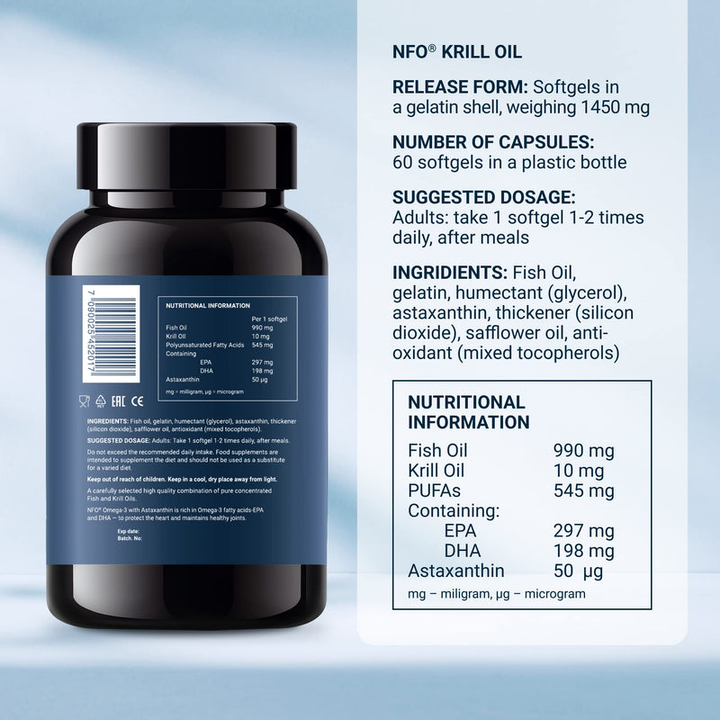 NFO Omega 3 Krill Oil Astaxanthin [60 Capsules] Antarctic Krill Oil with Norwegian Fish Oil and High Strength of EPA & DHA with Phospholipids & Astaxanthin Complex Original Premium Supplement - BeesActive Australia