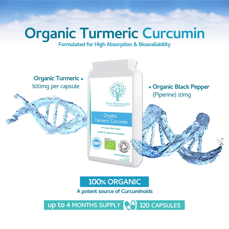 Organic Turmeric Curcumin 1000mg daily dose plus Organic Black Pepper - High Potency - 120 Veg Capsules - UK Manufactured Certified Organic, Non-GMO & Gluten Free - Suitable for Vegetarians and Vegans - BeesActive Australia